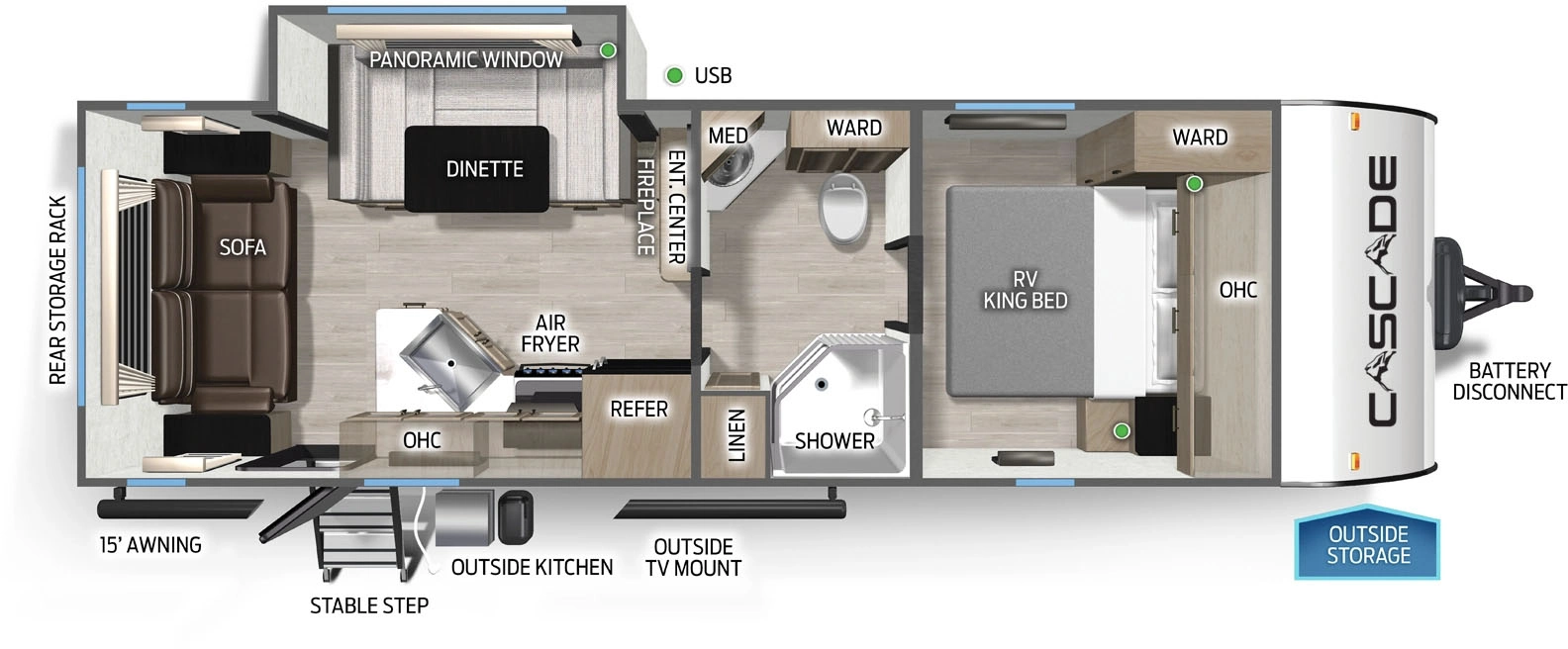 The Cascade 23MKC floorplan has one entry and one slide out. Exterior features include: metal exterior, 15' awning and outside kitchen. Interiors features include: u-dinette, front bedroom, front living and pass through bathroom.